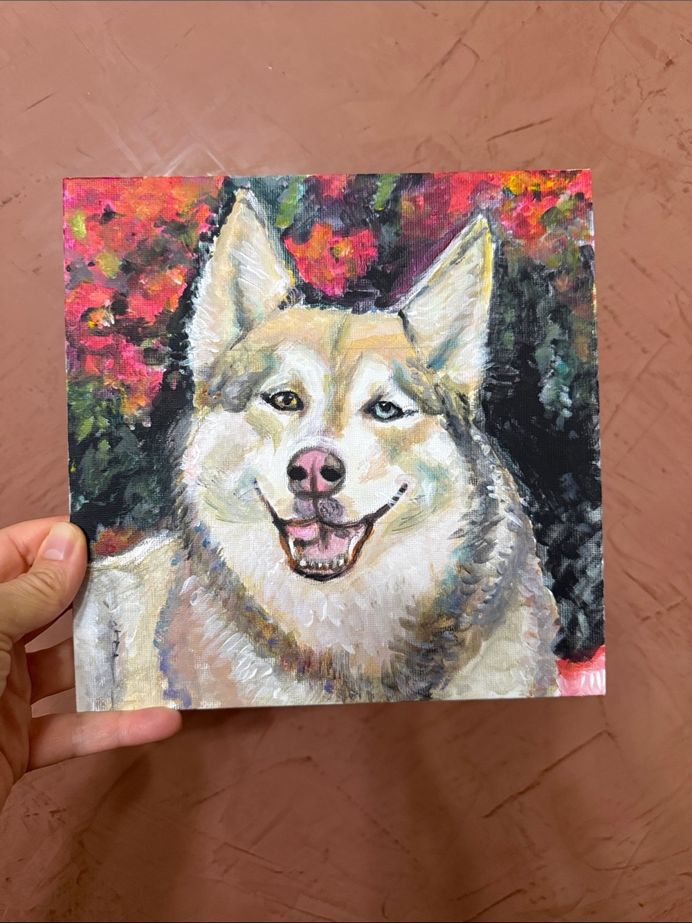Hand-Painted Dog Portrait Painting, Husky, 8”x 8”
